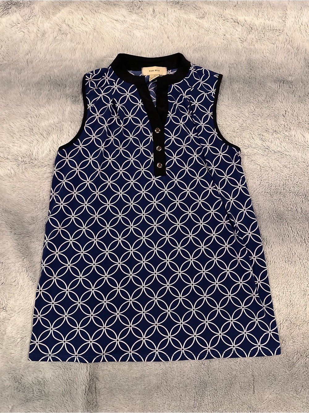 Navy Geometric Sleeveless Top Black Trim Office Attire Business Casual Size S